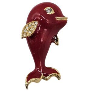 Vintage Red Enamel And Rhinestone Dolphin Pin Brooch Nautical Tropical Kitschy